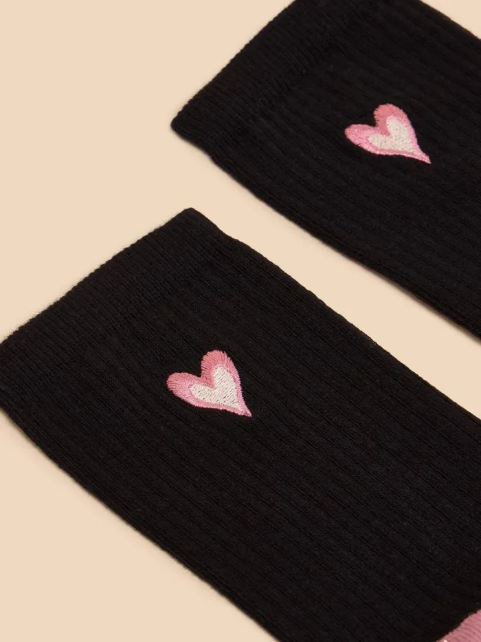 White Stuff SOCKS Embroidered Heart Rib Sock Pure Black 8211 Women