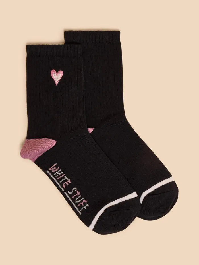 White Stuff SOCKS Embroidered Heart Rib Sock Pure Black 8211 Women