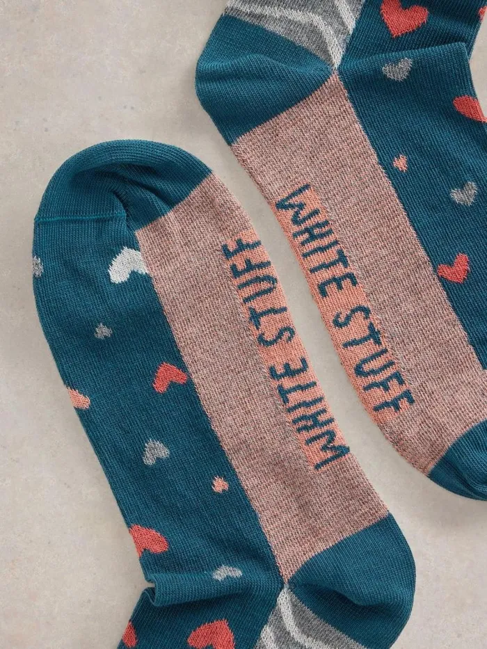White Stuff SOCKS Heart Hotch Potch Knitted Sock Teal Multi 8211 Women
