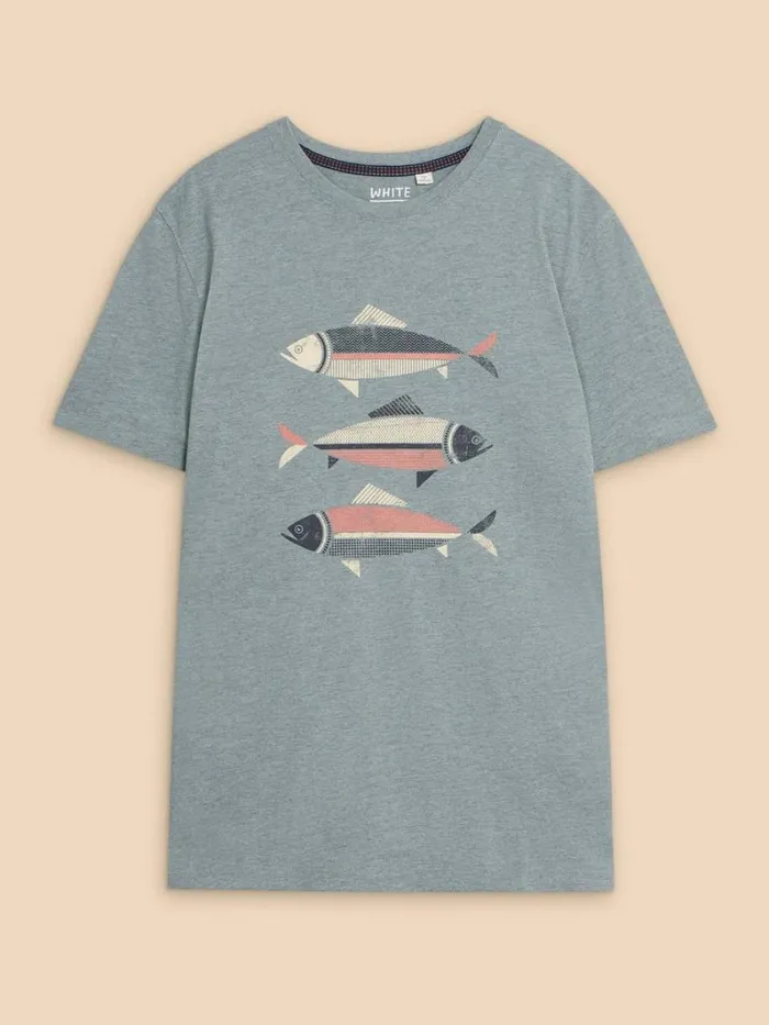 White Stuff TSHIRTS Fish Graphic Short Sleeve Tee Denim Print 8211 Men White Stuff TSHIRTS Fish Graphic Short Sleeve Tee Denim Print 8211 Men
