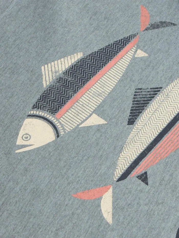 White Stuff TSHIRTS Fish Graphic Short Sleeve Tee Denim Print 8211 Men White Stuff TSHIRTS Fish Graphic Short Sleeve Tee Denim Print 8211 Men