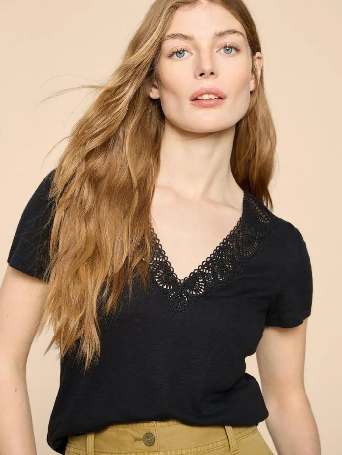 White Stuff TOPS and TEES Ellie Linen Blend Lace Tee Pure Black 8211 Women