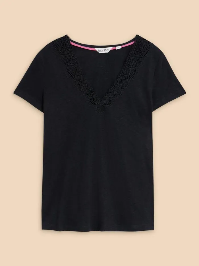 White Stuff TOPS and TEES Ellie Linen Blend Lace Tee Pure Black 8211 Women