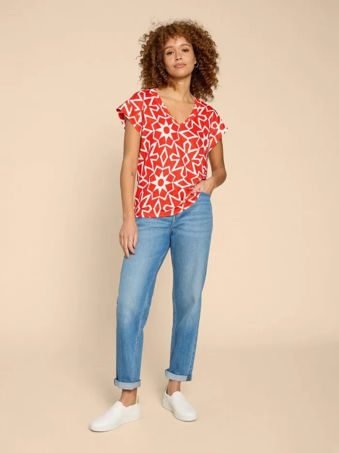 White Stuff TOPS and TEES IVY LINEN TEE Red Print 8211 Women