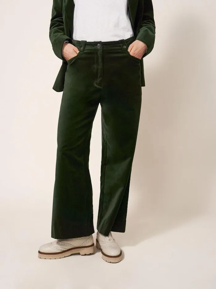 White Stuff TROUSERS Belle Velvet Cropped Wide Leg Dark Green 8211 Women