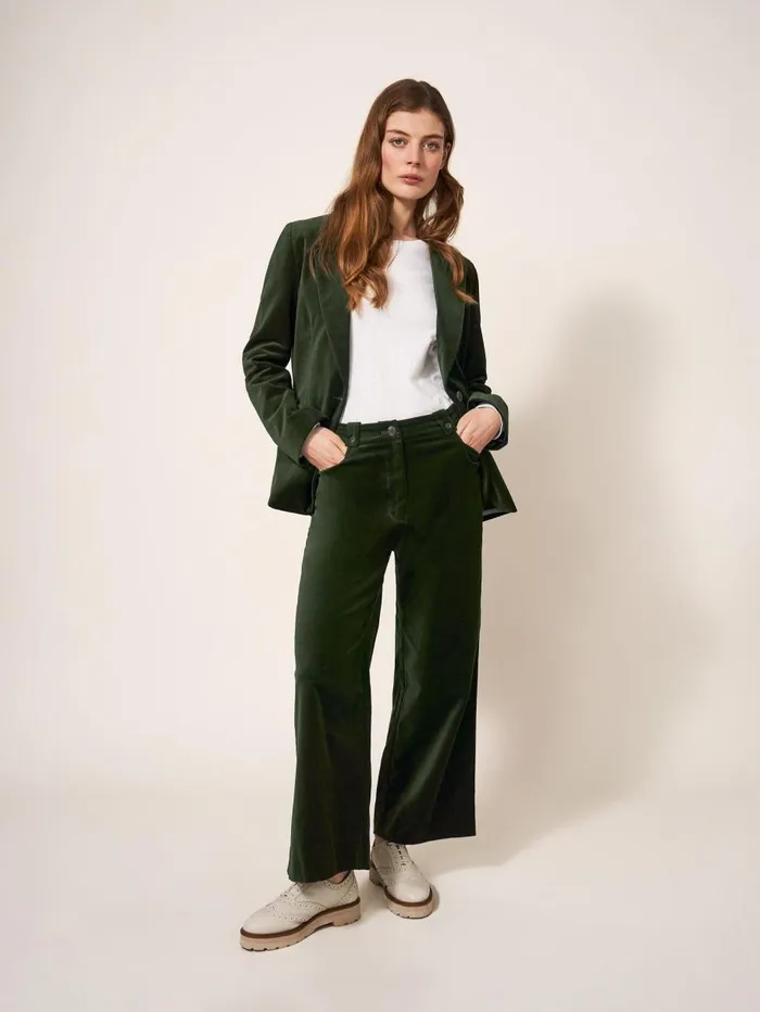 White Stuff TROUSERS Belle Velvet Cropped Wide Leg Dark Green 8211 Women