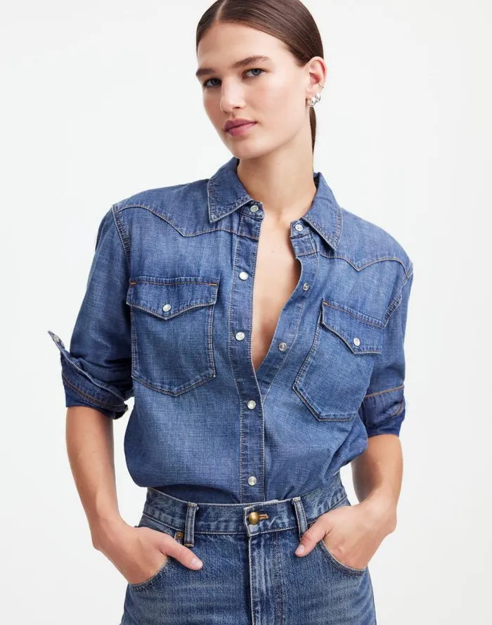 Women Alexa Chung For Madewell Denim Western Shirt In Vintage Wash Belding Wash Madewell Tops and Shirts