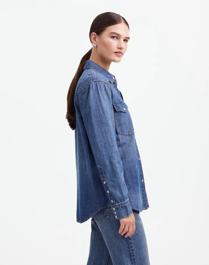 Women Alexa Chung For Madewell Denim Western Shirt In Vintage Wash Belding Wash Madewell Tops and Shirts