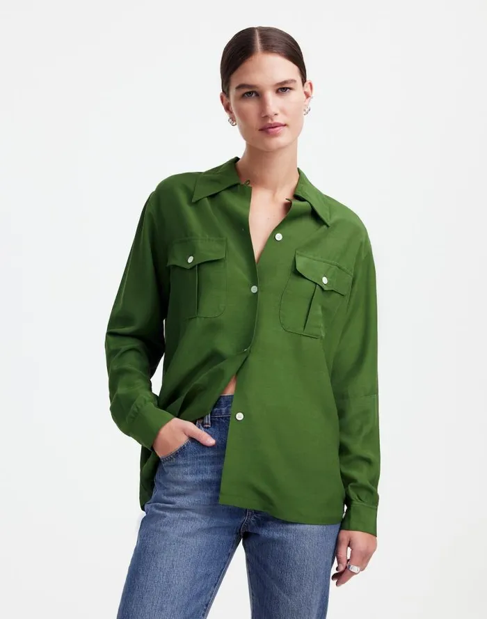 Women Alexa Chung For Madewell PleatPocket ButtonUp Shirt Dark Pine Madewell Tops and Shirts