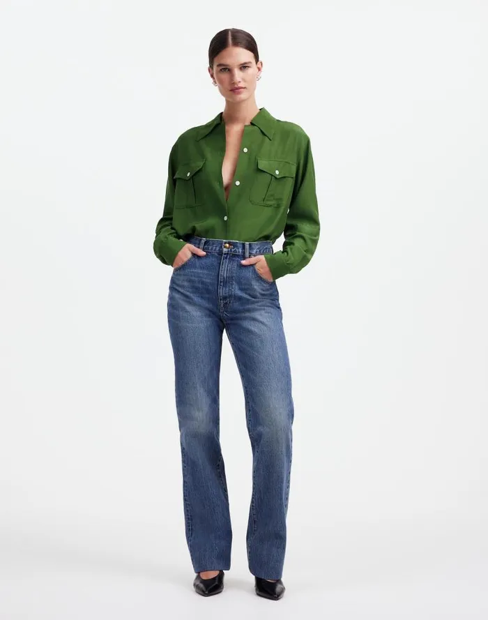 Women Alexa Chung For Madewell PleatPocket ButtonUp Shirt Dark Pine Madewell Tops and Shirts