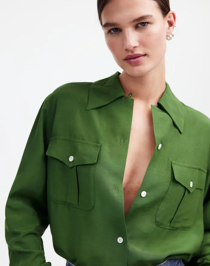 Women Alexa Chung For Madewell PleatPocket ButtonUp Shirt Dark Pine Madewell Tops and Shirts
