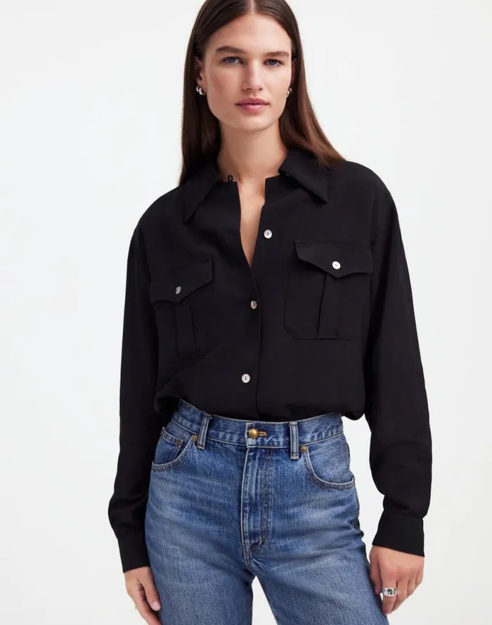 Women Alexa Chung For Madewell PleatPocket ButtonUp Shirt True Black Madewell Tops and Shirts