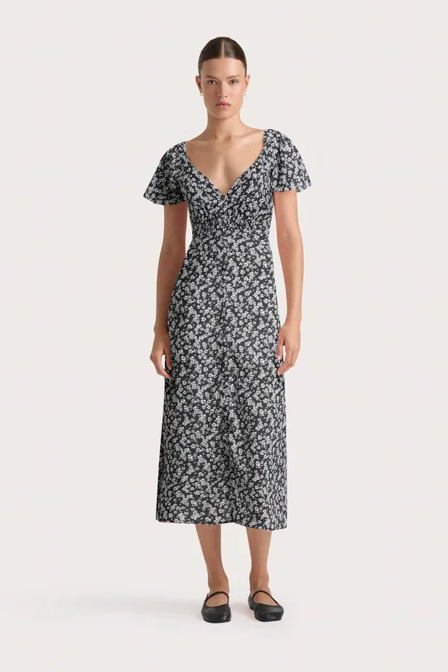 Women Aurelie Midi Dress Leilani Charred Navy Faithfull The Brand Dresses
