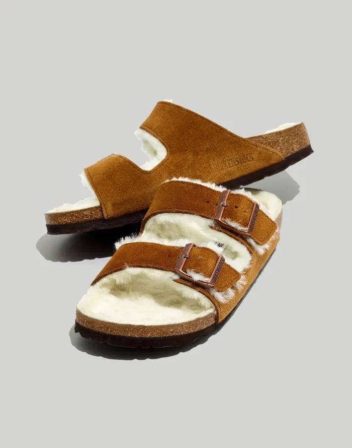 Women Birkenstock Suede Arizona Sandals In Shearling Mink Natural Madewell Sandals