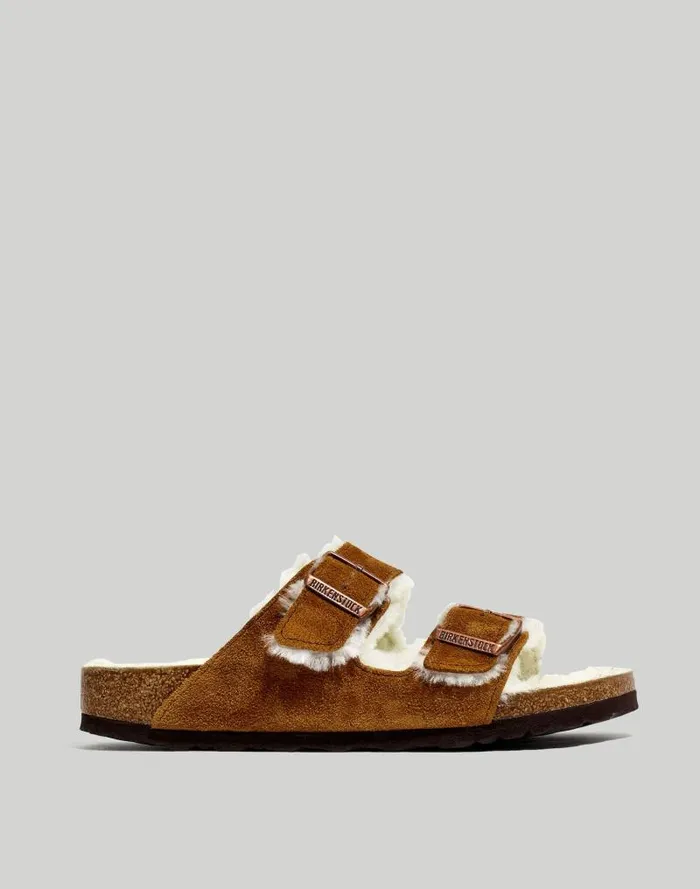 Women Birkenstock Suede Arizona Sandals In Shearling Mink Natural Madewell Sandals