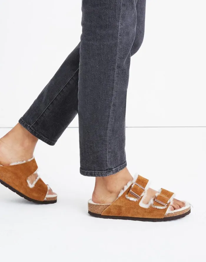 Women Birkenstock Suede Arizona Sandals In Shearling Mink Natural Madewell Sandals