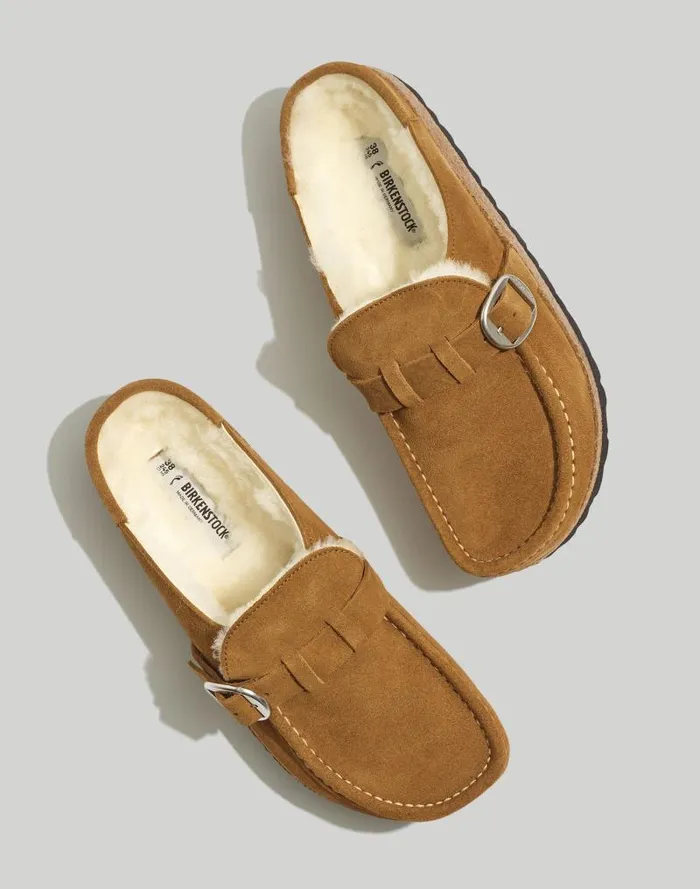 Women Birkenstock Suede Buckley Clogs In Shearling Teanatural Madewell Flats and Loafers