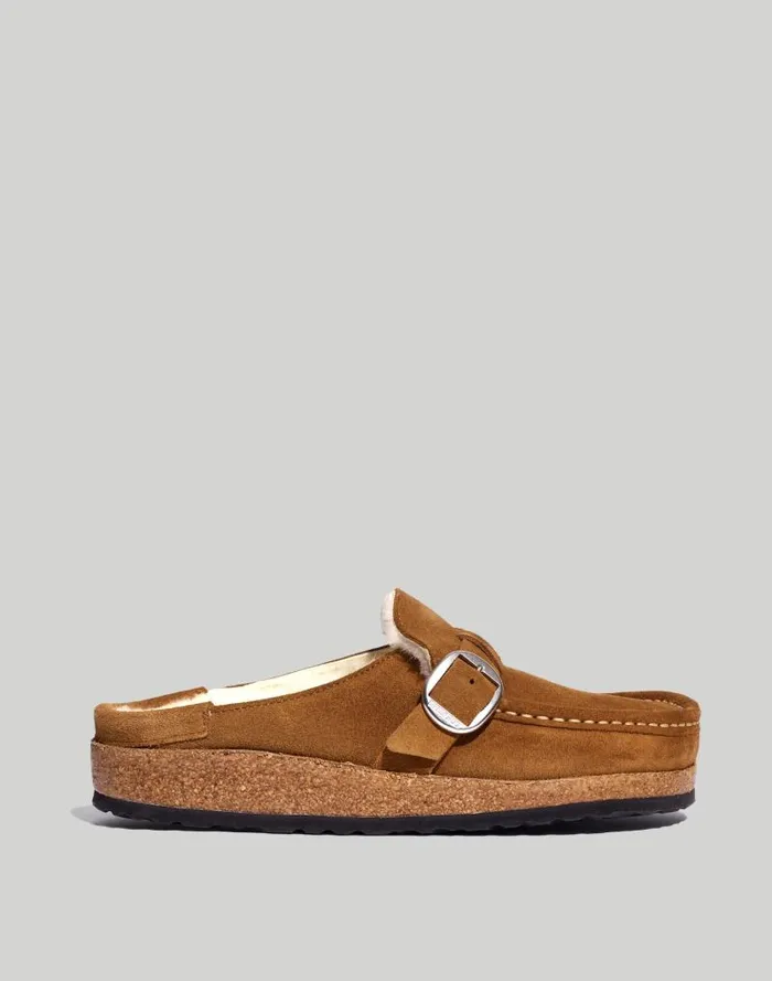 Women Birkenstock Suede Buckley Clogs In Shearling Teanatural Madewell Flats and Loafers