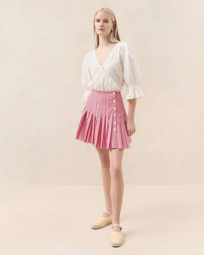 Women Bottoms Loeffler Randall Caroline Red Gingham Pleated Skirt I Bottoms I Apparel Women Bottoms Loeffler Randall Caroline Red Gingham Pleated Skirt I Bottoms I Apparel