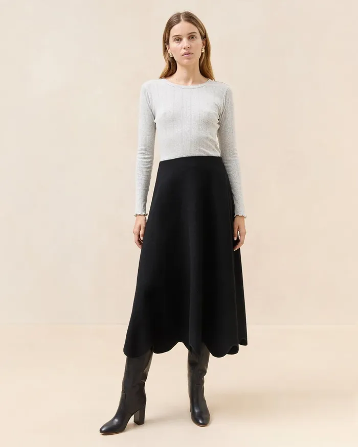 Women Bottoms Loeffler Randall Linnea Black Scalloped Wool Skirt