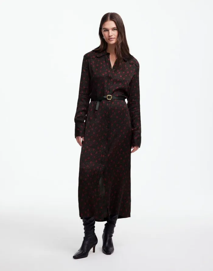 Women ButtonFront Midi Shirtdress In Floral Bright Cherry Madewell Dresses