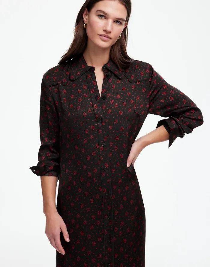 Women ButtonFront Midi Shirtdress In Floral Bright Cherry Madewell Dresses