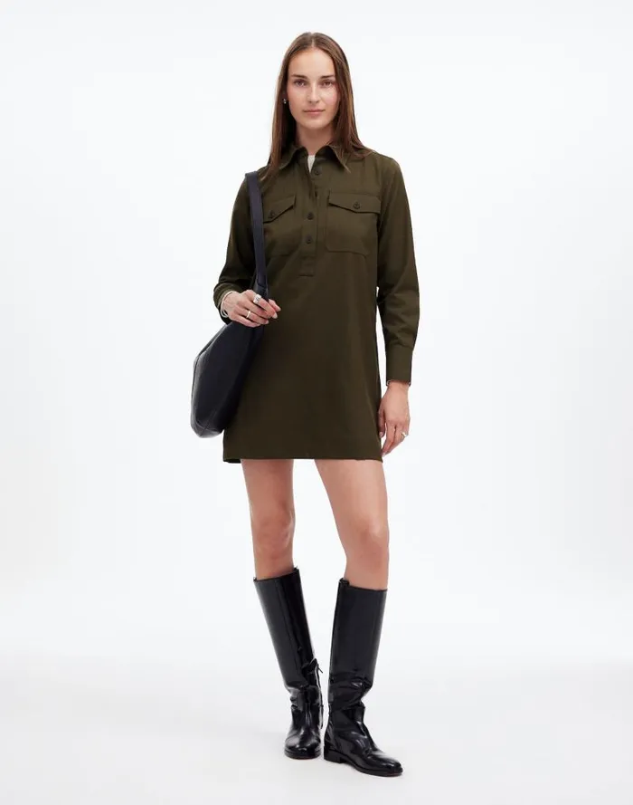 Women ButtonUp Mini Shirtdress Dark Olive Melange Madewell Dresses