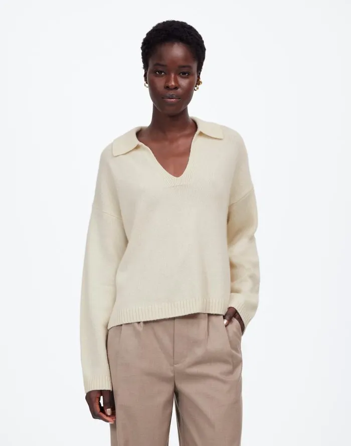 Women CashmereWool Blend Polo Sweater Hthr Ivory Madewell Sweaters