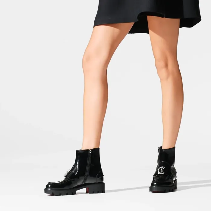 Women CL Moc Booty Strass Low Boots 8211 Calf Leather And Strass 8211 Black Black Christian Louboutin Ankle Boots