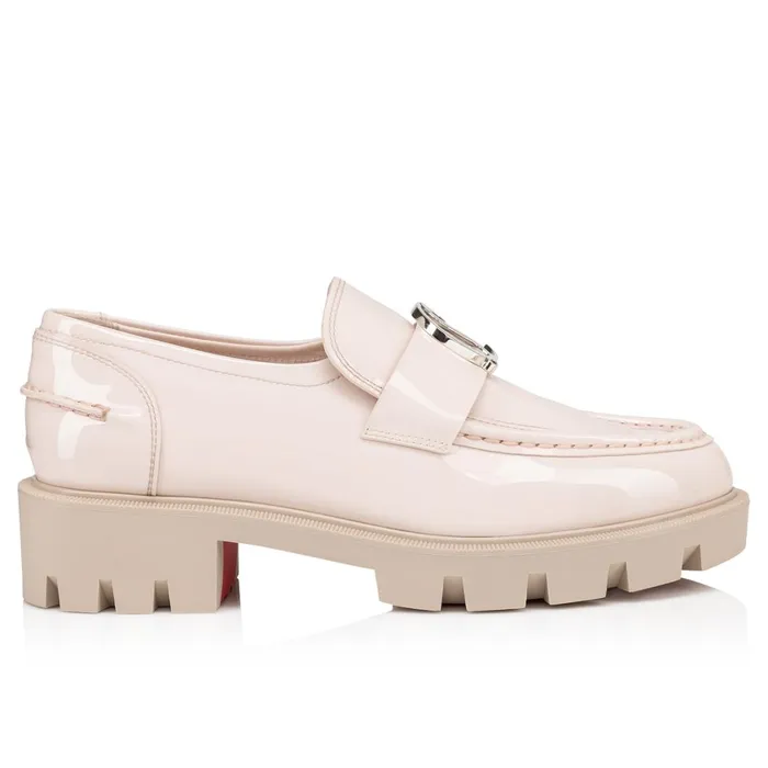 Women CL Moc Lug Loafers 8211 Patent Leather 8211 Leche Beige Christian Louboutin Flats