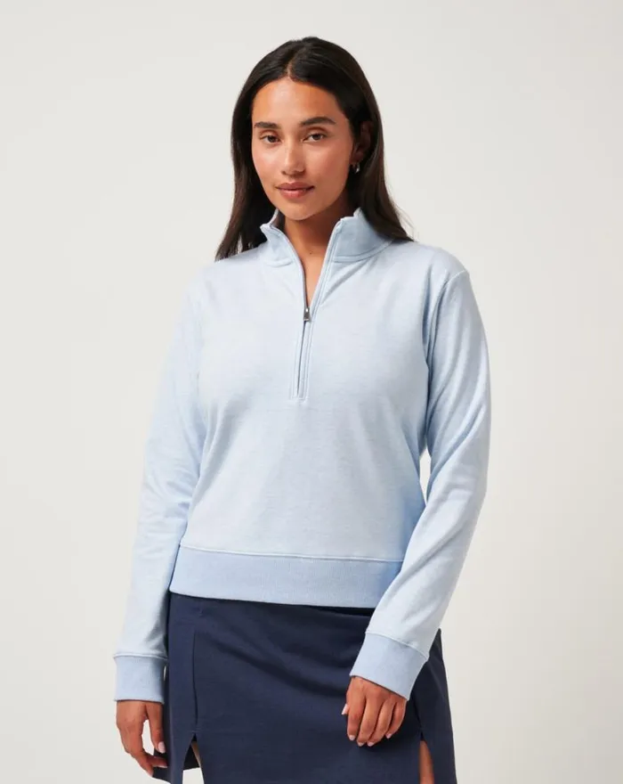 Women CLOUD FLEECE HALF ZIP Heather Kentucky Blue TravisMathew Hoodies and Pullovers