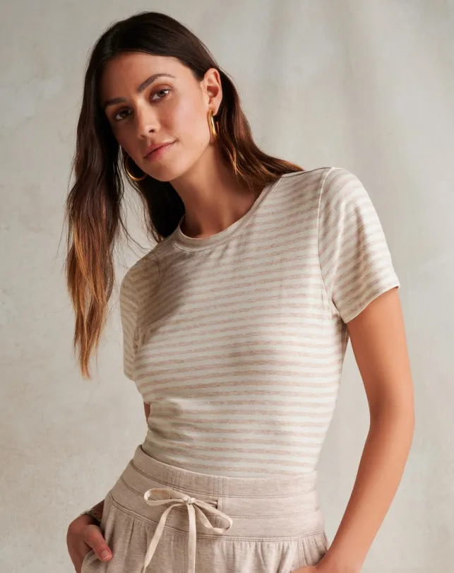 Women CLOUD JERSEY TEE Heather Oxford Tan Stripe TravisMathew Tees
