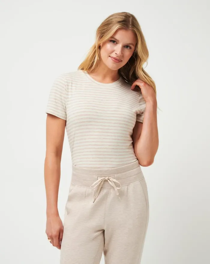 Women CLOUD JERSEY TEE Heather Oxford Tan Stripe TravisMathew Tees