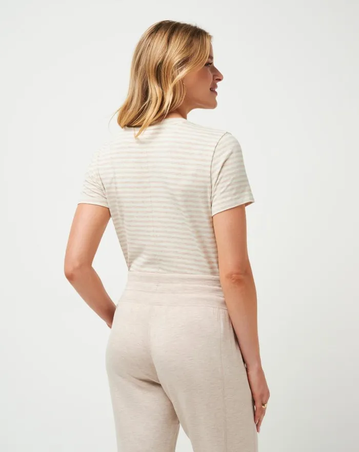 Women CLOUD JERSEY TEE Heather Oxford Tan Stripe TravisMathew Tees