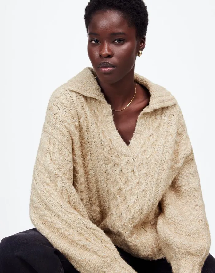 Women CottonMerino Wool Blend CableKnit Sweater Sand Madewell Sweaters