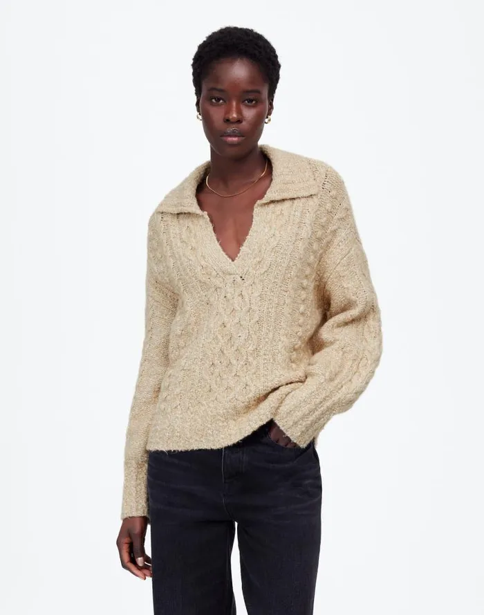 Women CottonMerino Wool Blend CableKnit Sweater Sand Madewell Sweaters