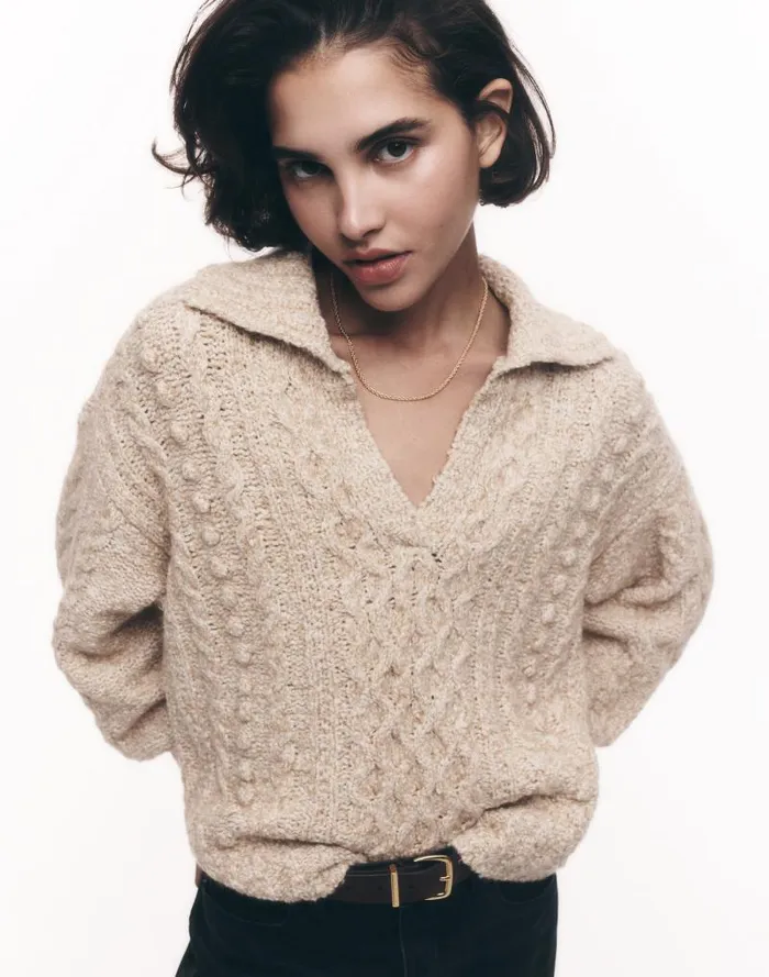 Women CottonMerino Wool Blend CableKnit Sweater Sand Madewell Sweaters