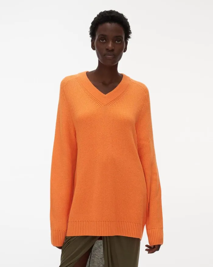 Women Cutout VNeck Sweater Safety Orange Helmut Lang Sweaters
