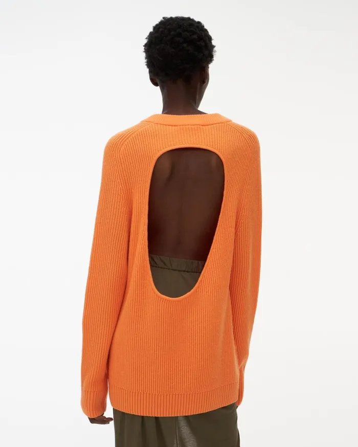 Women Cutout VNeck Sweater Safety Orange Helmut Lang Sweaters