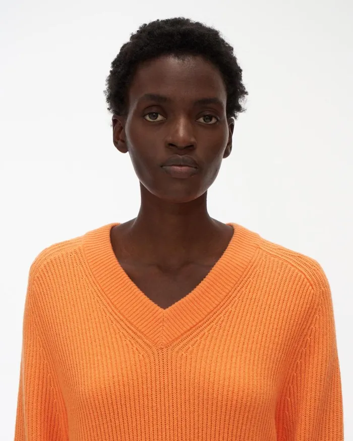 Women Cutout VNeck Sweater Safety Orange Helmut Lang Sweaters
