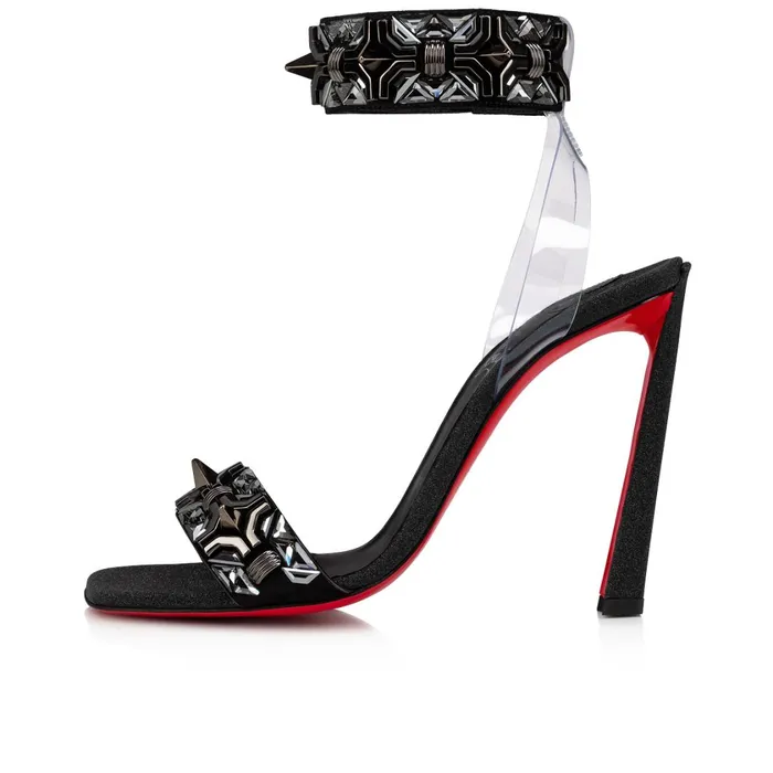 Women Disco Asteroistrass 100 Mm Sandals 8211 Veau Velours PVC Glittered Calf Leather And Strass 8211 Black Black Christian Louboutin Sandals and Slides