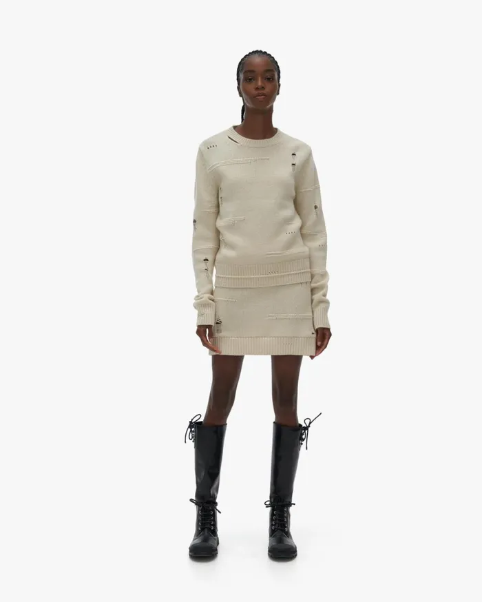 Women Distressed Crewneck Powdered Ecru Helmut Lang Sweaters