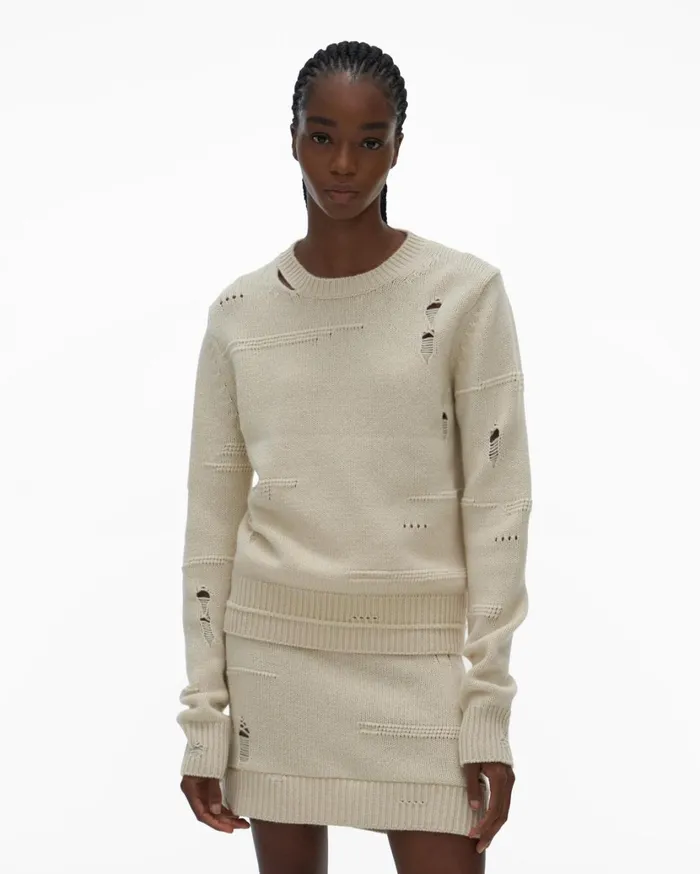 Women Distressed Crewneck Powdered Ecru Helmut Lang Sweaters