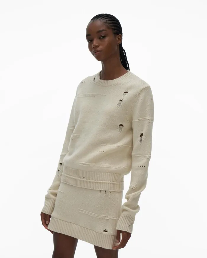 Women Distressed Crewneck Powdered Ecru Helmut Lang Sweaters
