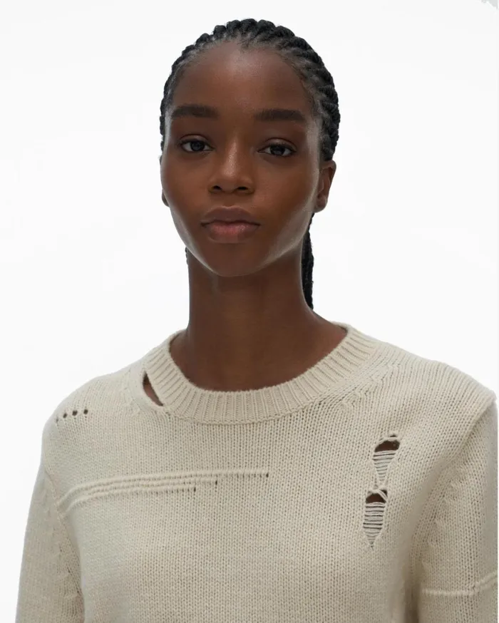 Women Distressed Crewneck Powdered Ecru Helmut Lang Sweaters