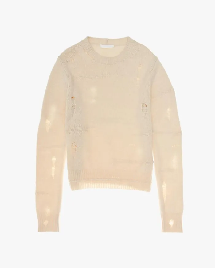 Women Distressed Crewneck Powdered Ecru Helmut Lang Sweaters