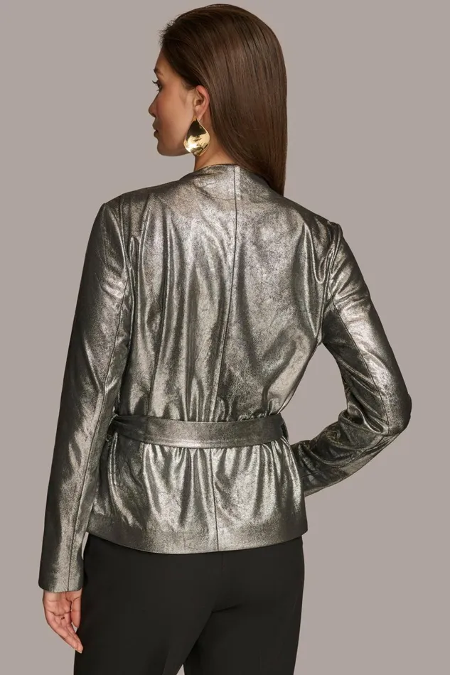Women Donna Karan Blazers BELTED METALLIC JACKET Silverblack