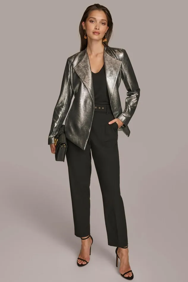 Women Donna Karan Blazers BELTED METALLIC JACKET Silverblack
