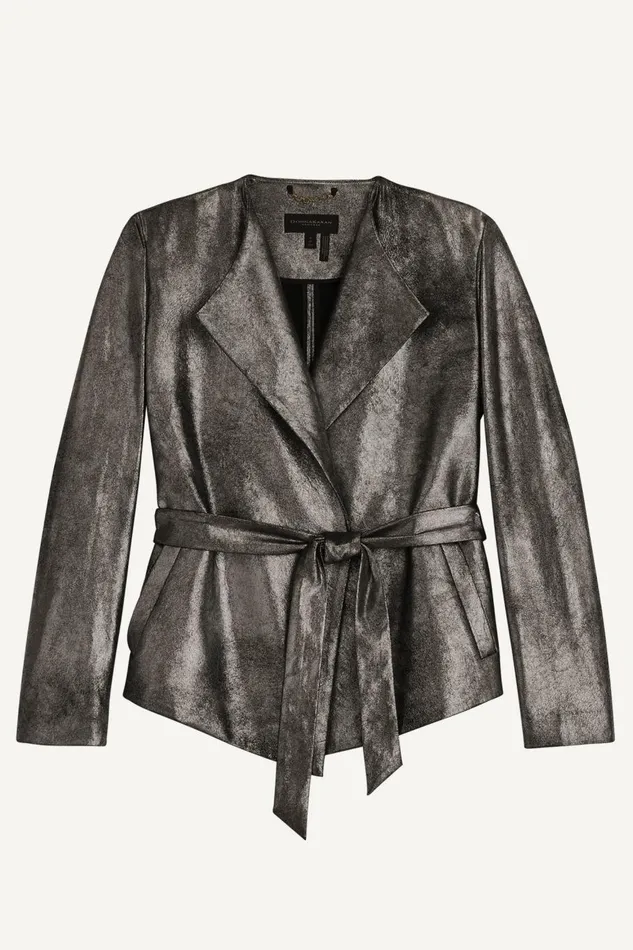 Women Donna Karan Blazers BELTED METALLIC JACKET Silverblack