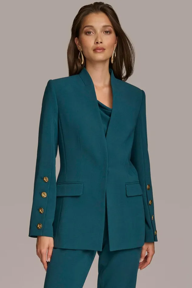Women Donna Karan Blazers COLLARLESS JACKET WITH BUTTON DETAIL ON SLEEVE Peacock Women Donna Karan Blazers COLLARLESS JACKET WITH BUTTON DETAIL ON SLEEVE Peacock